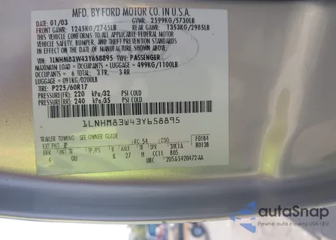 2003 Lincoln Town Car Cartier z USA, uszkodzony, nr VIN 1LNHM83W43Y658895